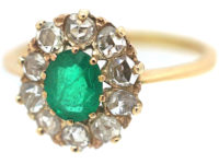 Edwardian 18ct Gold, Rose Cut Emerald & Rose Diamond Cluster Ring