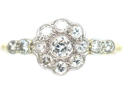 Edwardian 18ct Gold & Platinum Diamond Cluster Ring with Diamond Set Shoulders
