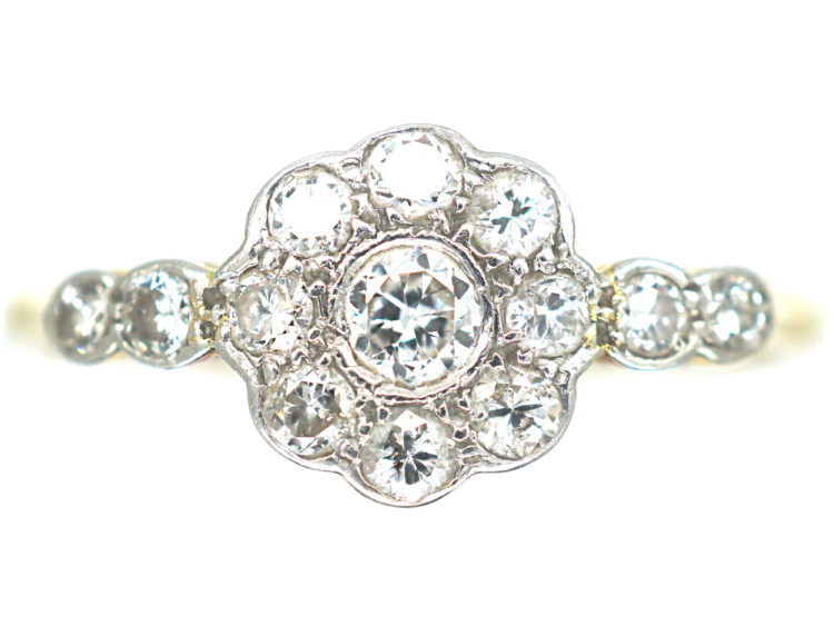 Edwardian 18ct Gold & Platinum Diamond Cluster Ring with Diamond Set Shoulders