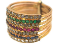 18ct Gold Seven Row Harem Ring set with Sapphires, Rubies, Emeralds & Rose Diamonds