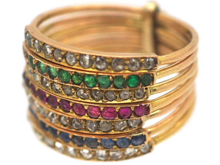 18ct Gold Seven Row Harem Ring set with Sapphires, Rubies, Emeralds & Rose Diamonds