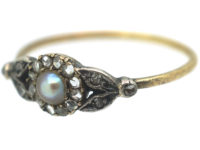 Edwardian 14ct Gold Rose Diamond & Natural Bouton Pearl Cluster Ring with Rose Diamond set Leaf Shoulders