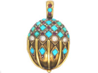 Victorian 18ct Gold Ruby, Natural Split Pearl, Rose Diamond & Turquoise Pendant with Hinged Locket on the Reverse