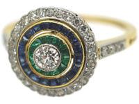 Art Deco 18ct Gold & Platinum, Diamond Emerald & Sapphire Target Ring