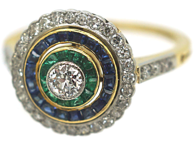 Art Deco 18ct Gold & Platinum, Diamond Emerald & Sapphire Target Ring