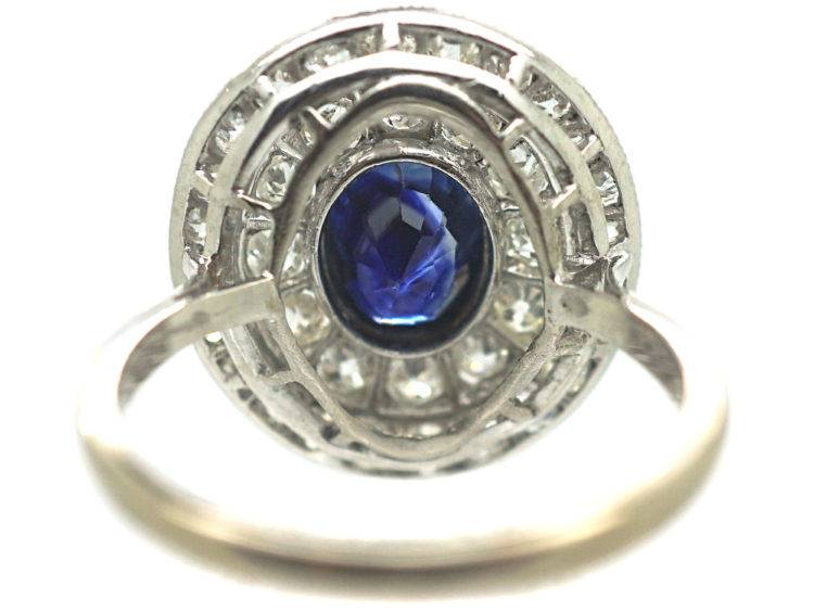 Art Deco Platinum Two Row Diamond & Sapphire Cluster Ring