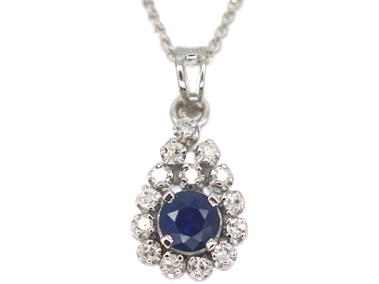 18ct White Gold, Sapphire & Diamond Pendant on 14ct White Gold Chain