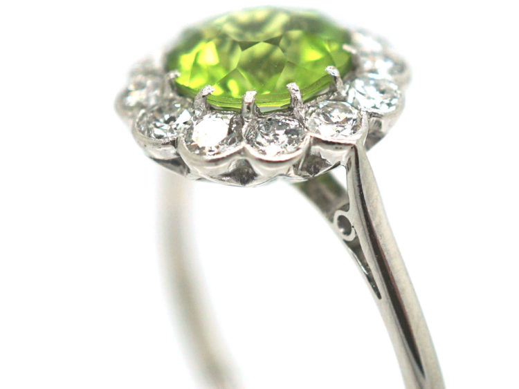 Edwardian 18ct White Gold & Platinum, Peridot & Diamond Cluster Ring