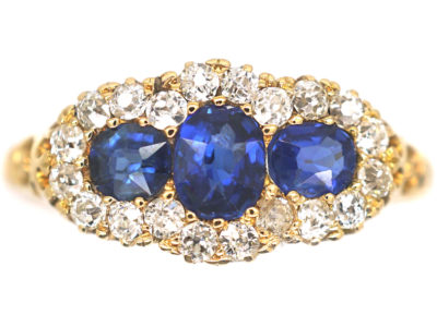 Edwardian 18ct Gold Three Stone Sapphire & Diamond Cluster Ring