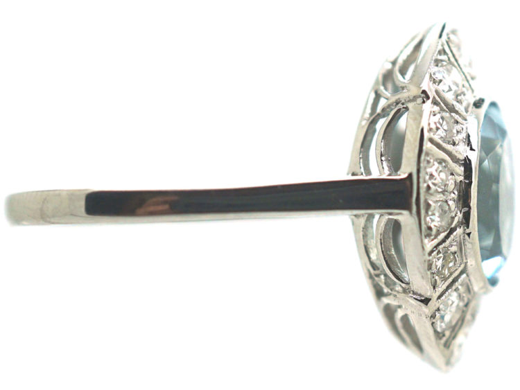 Art Deco Platinum Navette Shaped Aquamarine & Diamond Ring