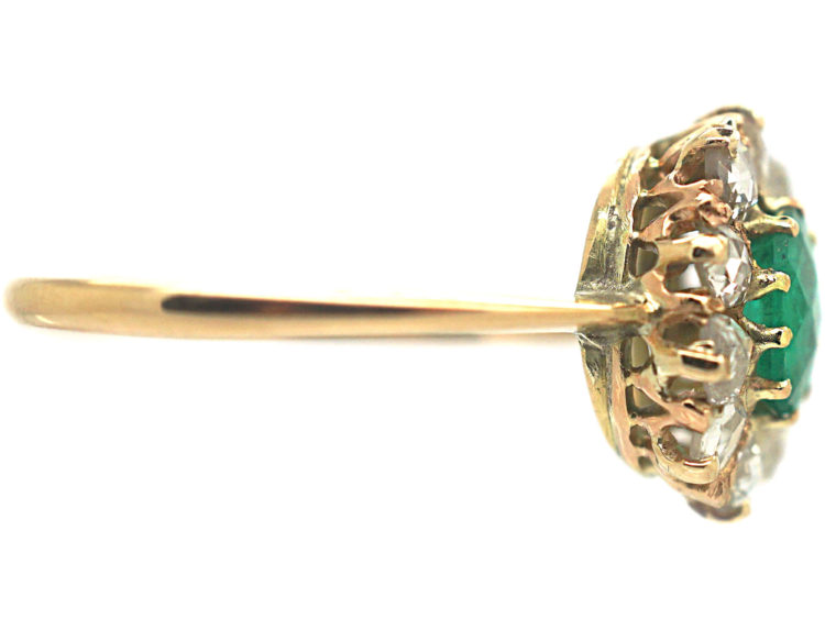 Edwardian 18ct Gold, Rose Cut Emerald & Rose Diamond Cluster Ring