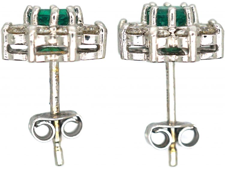18ct White Gold Emerald & Diamond Cluster Earrings