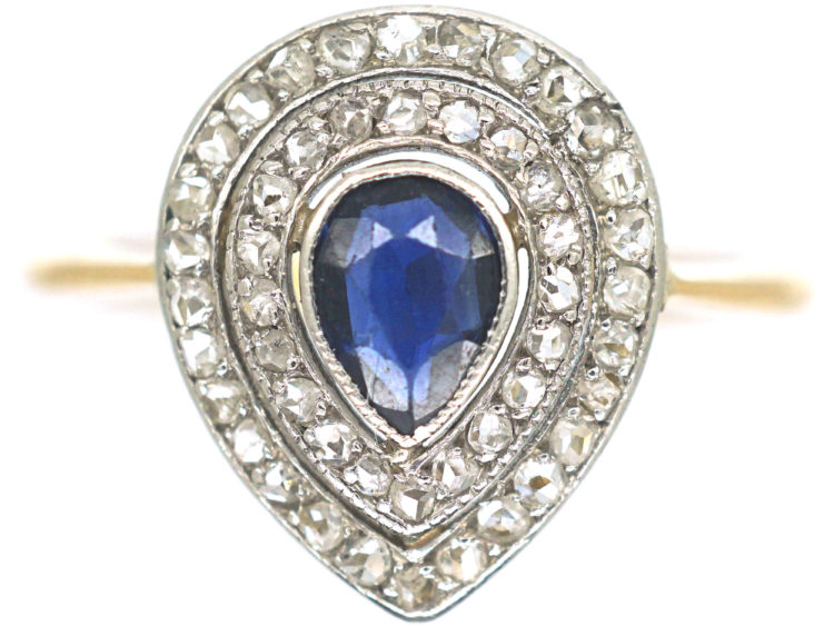 Edwardian 18ct Gold & Platinum, Pear Shaped Sapphire & Rose Diamond Cluster Ring