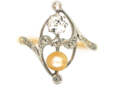 Art Nouveau 18ct Gold & Platinum, Diamond & Natural Pearl Ring