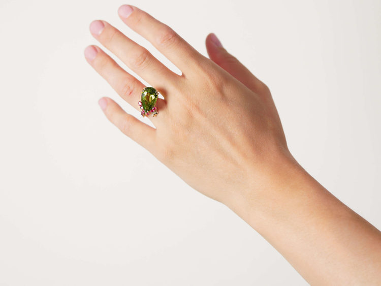 1970s 18ct Gold, Ruby & Large Pear Shaped Peridot Ring
