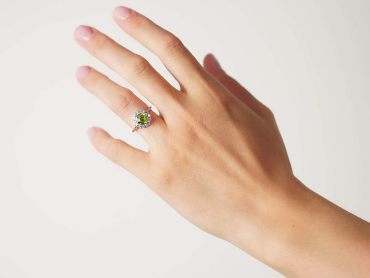 Edwardian 18ct White Gold & Platinum, Peridot & Diamond Cluster Ring