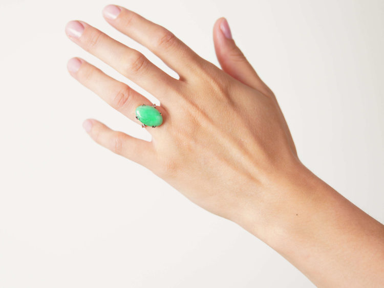 Art Deco 18ct Gold & Platinum Jade Ring with Diamond Set Shoulders