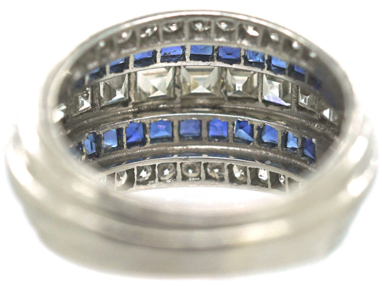 Art Deco Iridium & Platinum, Sapphire & Diamond Five Row Ring