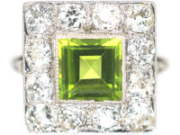 Platinum, Peridot & Diamond Square Shaped Ring