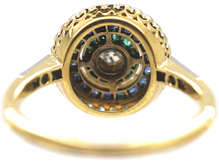 Art Deco 18ct Gold & Platinum, Diamond Emerald & Sapphire Target Ring