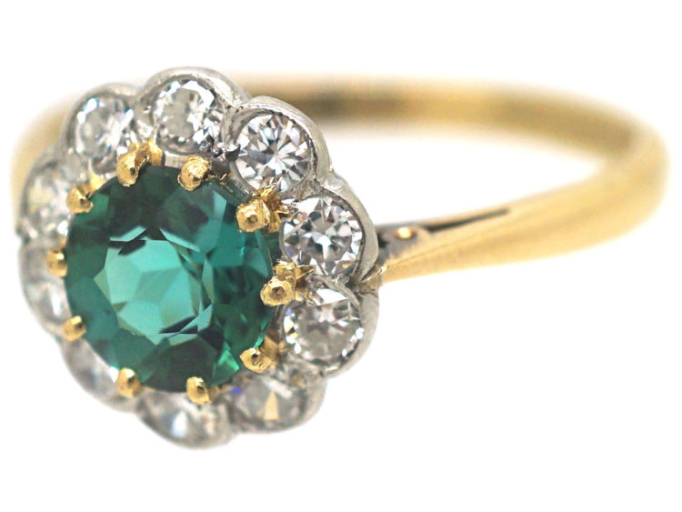 Edwardian 18ct Gold & Platinum, Green Tourmaline & Diamond Cluster Ring