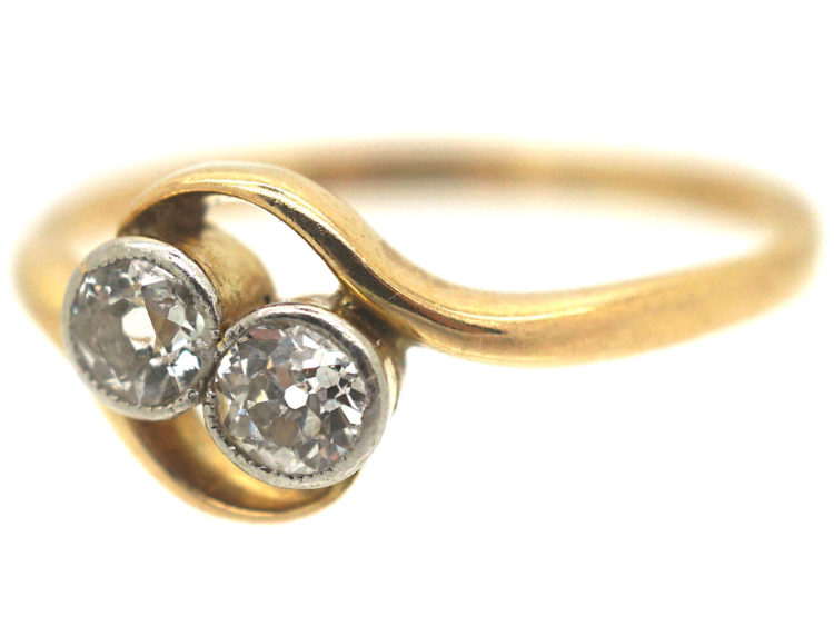 Edwardian 18ct Gold & Platinum, Two Stone Diamond Crossover Ring