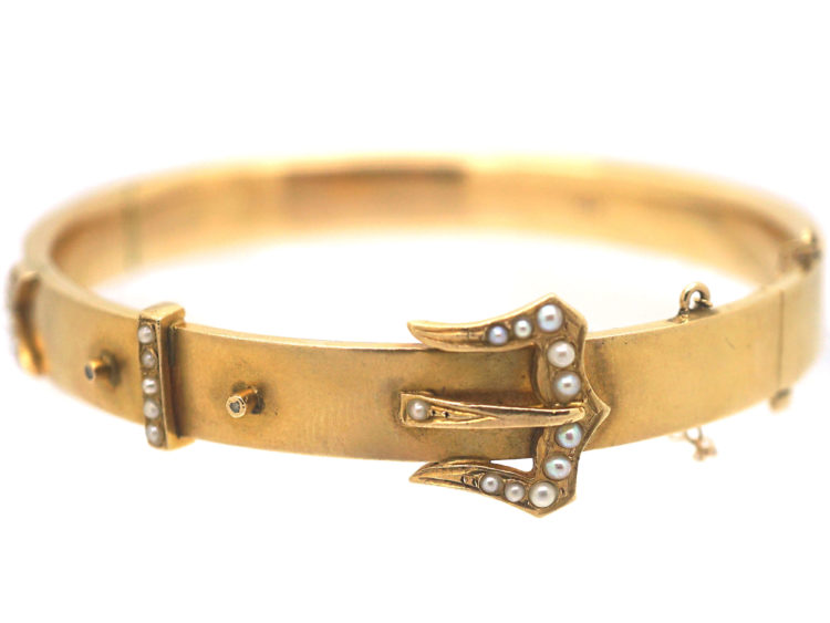 Edwardian 14ct Gold Buckle Bangle set with Natural Split Pearls & Rose Diamonds