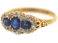 Edwardian 18ct Gold Three Stone Sapphire & Diamond Cluster Ring