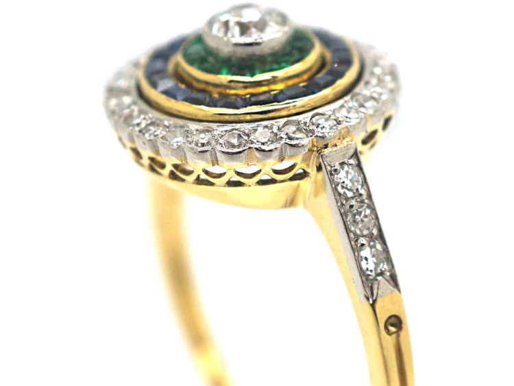 Art Deco 18ct Gold & Platinum, Diamond Emerald & Sapphire Target Ring