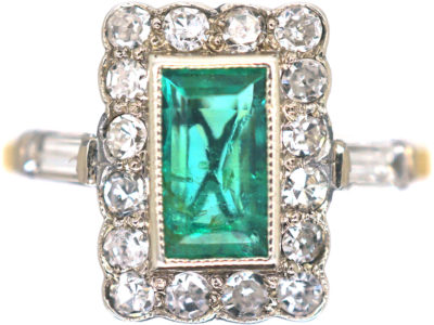 Art Deco 18ct Gold & Platinum, Emerald & Diamond Geometric Ring