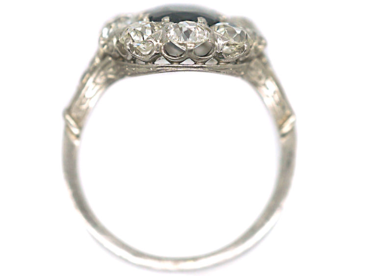 Art Deco Platinum, Sapphire & Diamond Oval Cluster Ring with Split Shoulders