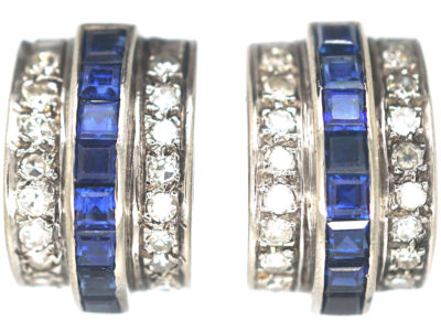Art Deco 18ct White Gold Sapphire & Diamond Curve Earrings