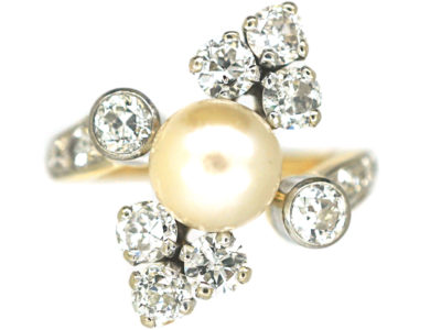 French Retro 18ct Gold & Platinum, Diamond & Pearl Ring