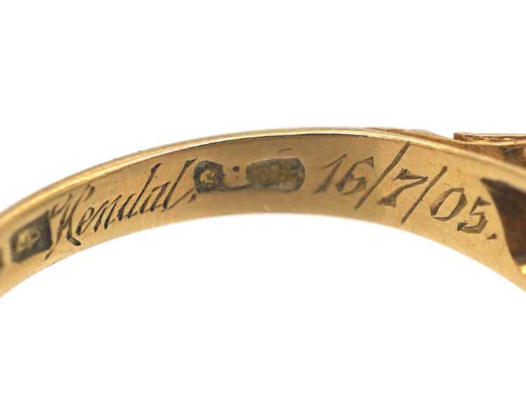 Edwardian 18ct Gold, Emerald & Diamond Three Stone Carved Half Hoop Ring
