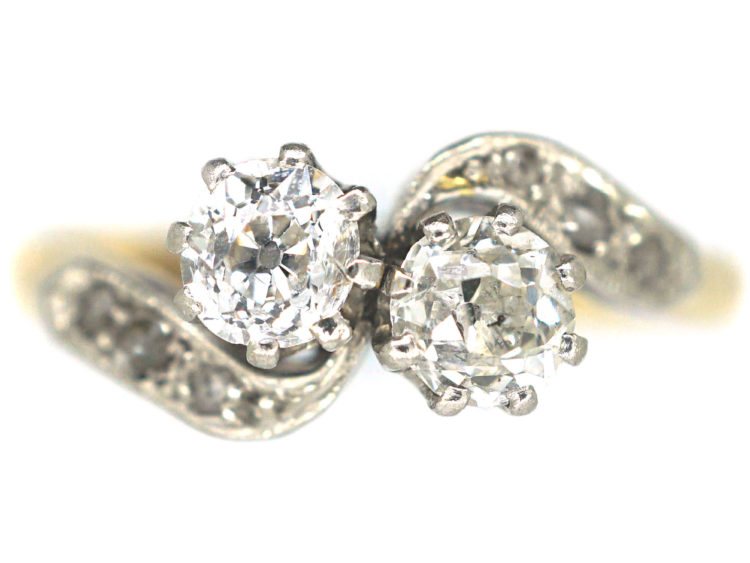 Edwardian 18ct Gold & Platinum, Two Stone Crossover Diamond Ring
