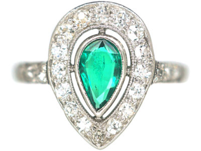 Art Deco Platinum Emerald & Diamond Pear Shaped Ring