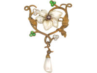 Art Nouveau 18ct Gold Flower Brooch set with Demantoid Garnets, Mississippi River Pearls & Diamonds