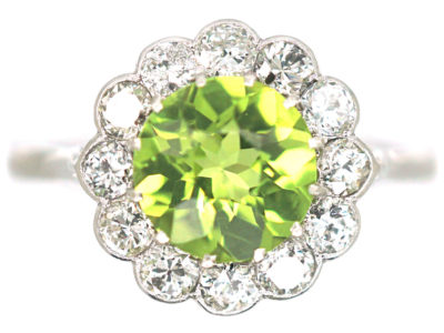 Edwardian 18ct White Gold & Platinum, Peridot & Diamond Cluster Ring