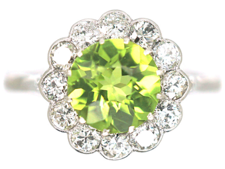 Edwardian 18ct White Gold & Platinum, Peridot & Diamond Cluster Ring