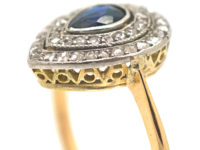 Edwardian 18ct Gold & Platinum, Pear Shaped Sapphire & Rose Diamond Cluster Ring