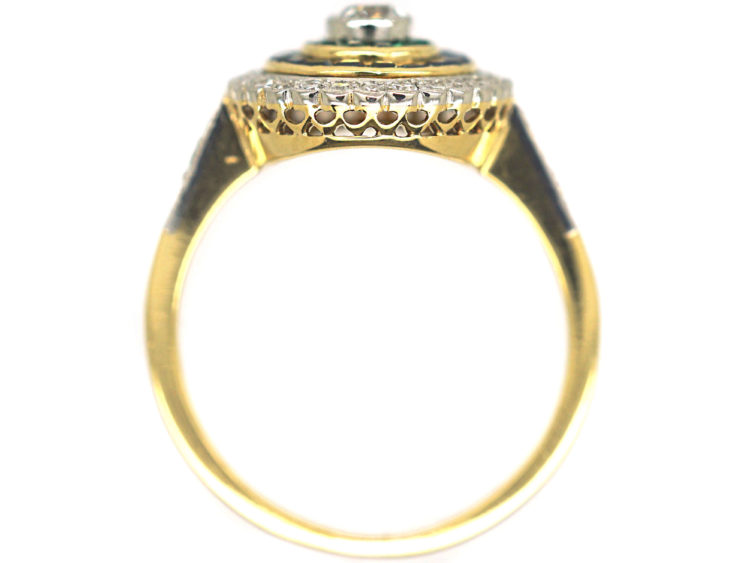 Art Deco 18ct Gold & Platinum, Diamond Emerald & Sapphire Target Ring