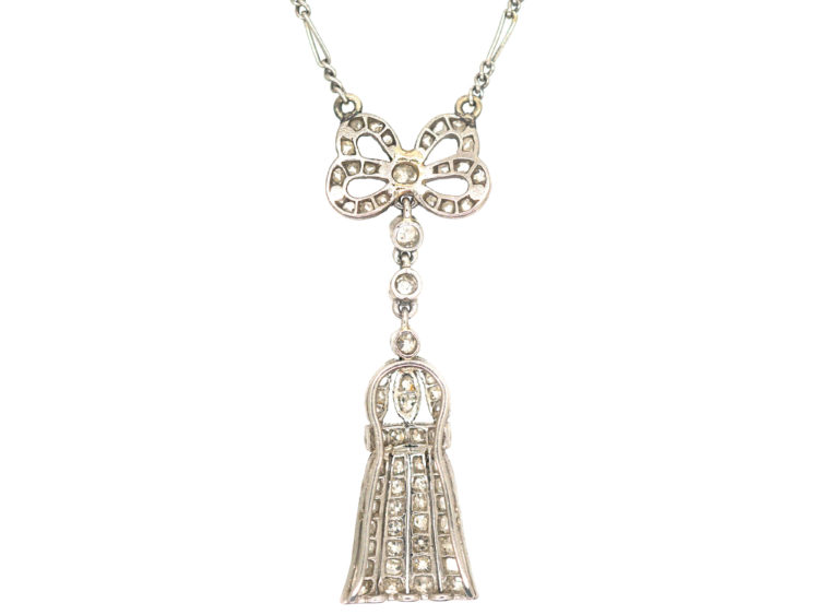 Edwardian Platinum, Diamond Bow & Tassel Pendant on Chain