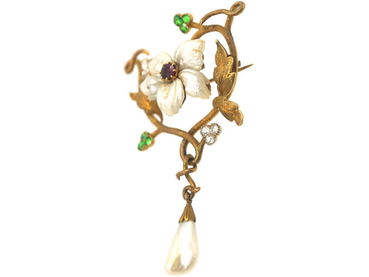 Art Nouveau 18ct Gold Flower Brooch set with Demantoid Garnets, Mississippi River Pearls & Diamonds