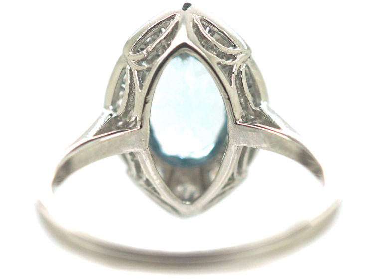 Art Deco Platinum Navette Shaped Aquamarine & Diamond Ring