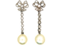 Edwardian Platinum, Diamond & Pearl Bow Drop Earrings