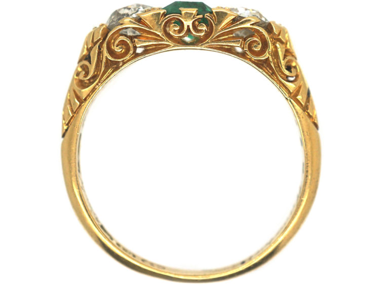 Edwardian 18ct Gold, Emerald & Diamond Three Stone Carved Half Hoop Ring