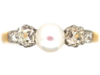 Edwardian 18ct Gold Old Mine Cut Diamond & Natural Bouton Pearl Ring