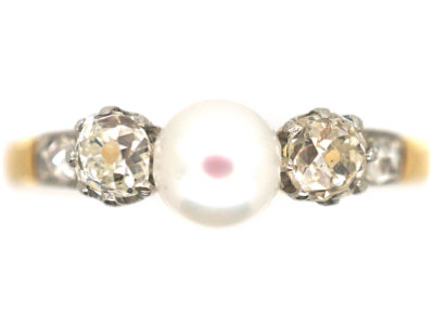 Edwardian 18ct Gold Old Mine Cut Diamond & Natural Bouton Pearl Ring