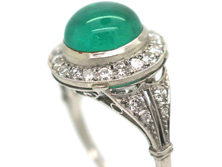 Art Deco Platinum, Cabochon Emerald & Diamond Ring