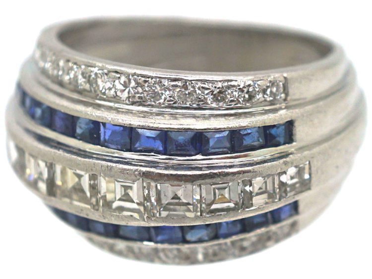 Art Deco Iridium & Platinum, Sapphire & Diamond Five Row Ring